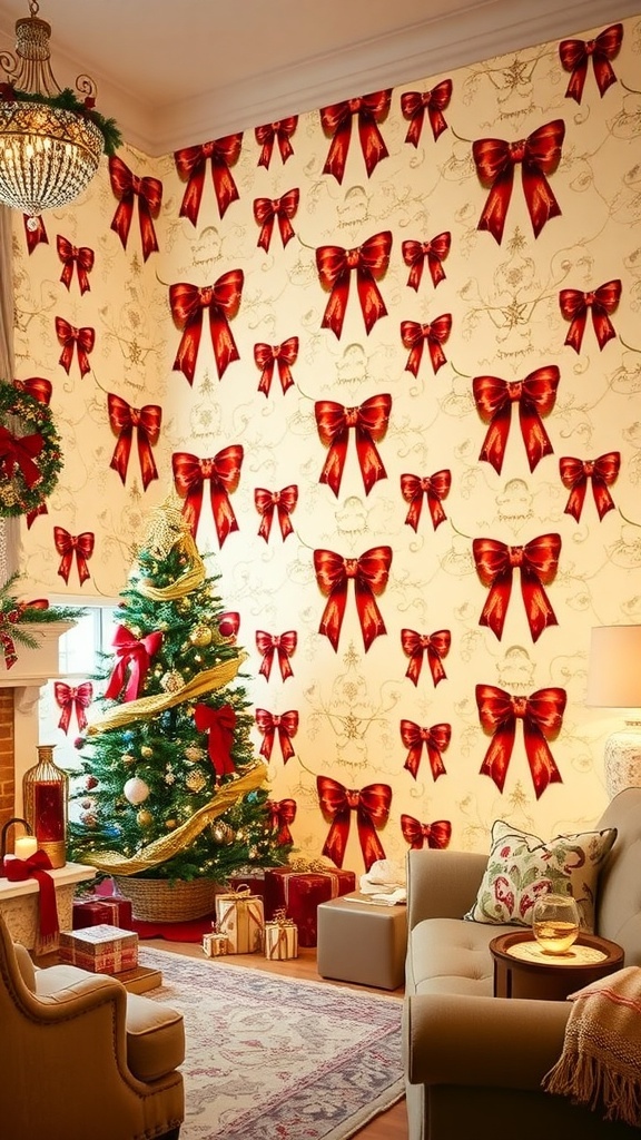 A cozy room with Christmas bow wallpaper in red and gold, decorated for the holidays.